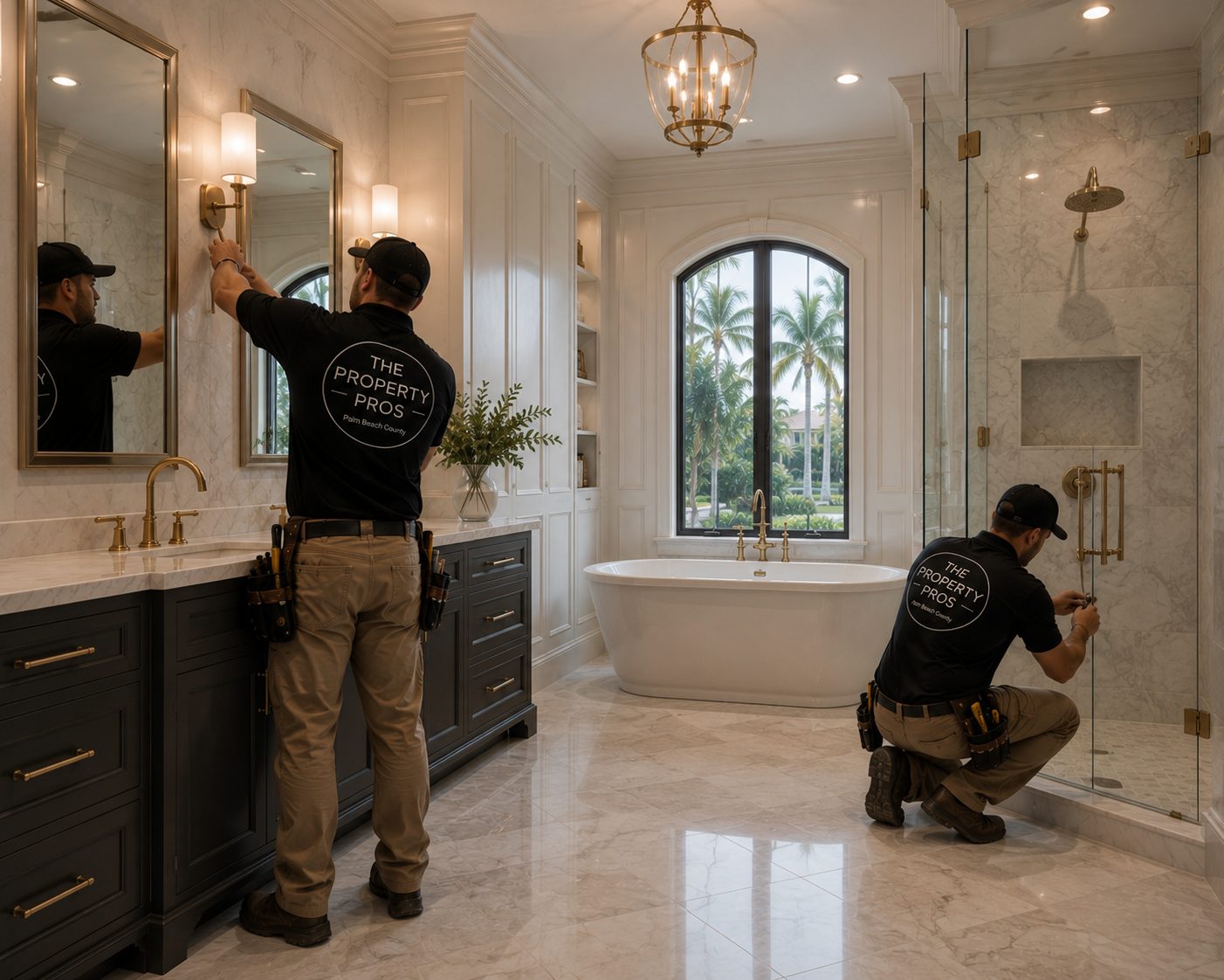 Licensed bathroom renovation contractor Palm Beach County Florida custom tile shower fixtures veteran owned The Property Pros